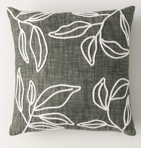 Green Embroidered Leaf Pillow