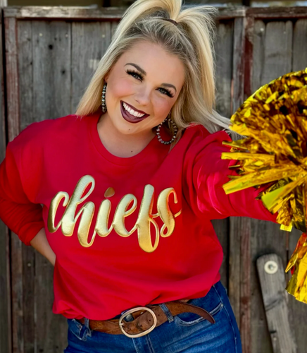 Chiefs in Metallic Gold Red Sweatshirt by Randi Mahomes