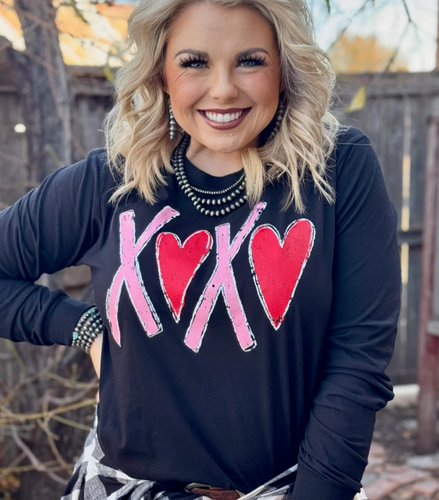 XOXO with Red Hearts Long Sleeve Graphic Tee