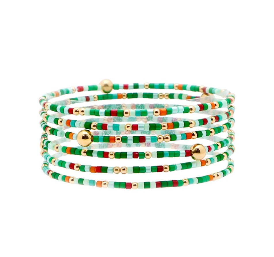 Green Multi Seed Bead Stretch Bracelets