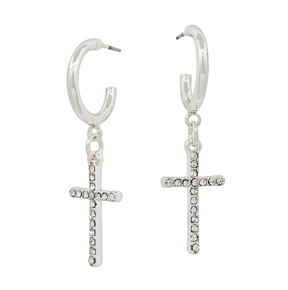 Silver Rhinestone Cross Earring