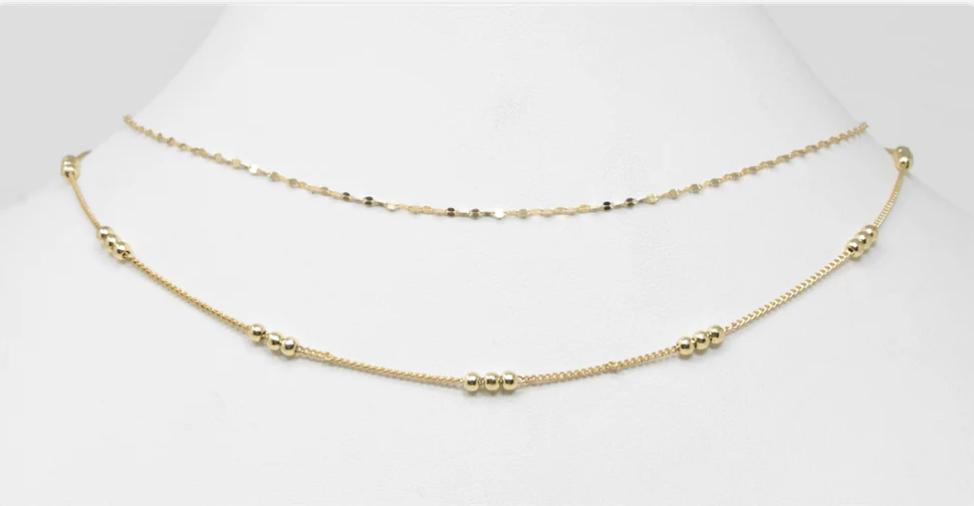 Gold Thin 2 Layered Triple Beaded Necklace
