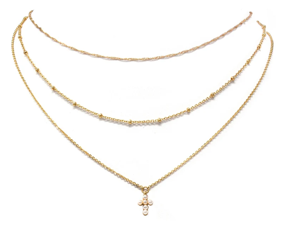 Gold Chain with Pearl Cross Layered Necklace