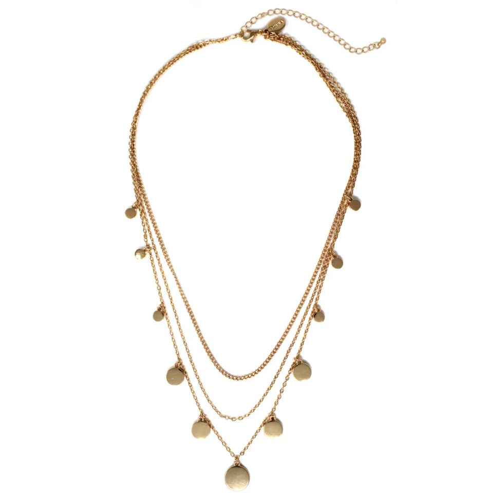Gold Disc Triple Layered Chain Necklace