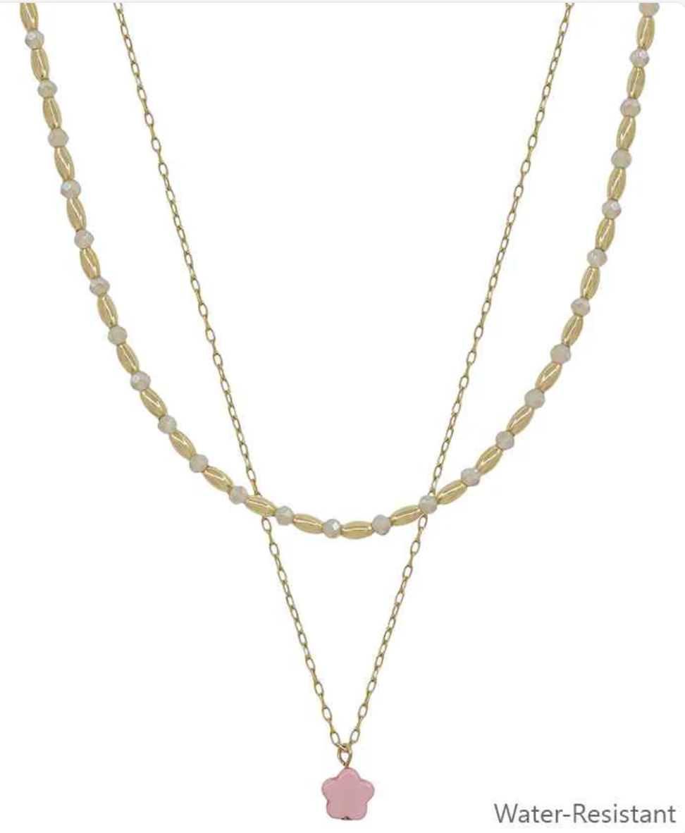 Gold Beaded and Pink Crystal Layered Flower Necklace