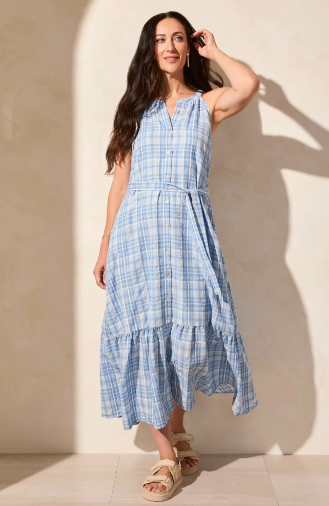 button front halter dress She Is Button Front Halter Midi Dress Tweed White