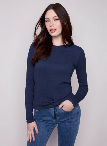 Textured Knit Top With Front Knot Detail - Moonlight