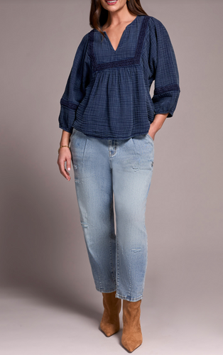 Wide Sleeve Popover Blouse w/ Embroidery