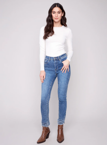 Frayed Hem Denim Pants - Medium Blue