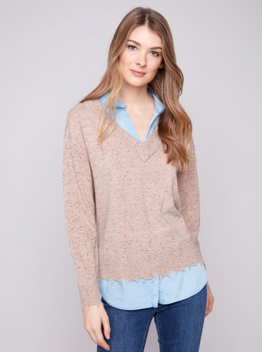 V-Neck Fooler Sweater With Shirt Collar - Oat Flecks