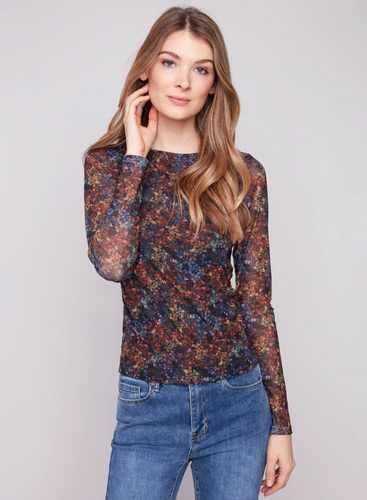 Printed Ruched Mesh Top - Floret