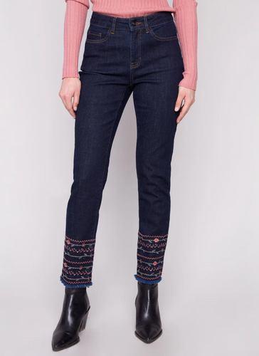 Embroidered Hem Jeans - Deep Blue
