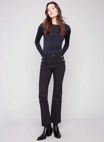 Flare Leg Stretch Twill Pants With Buttons