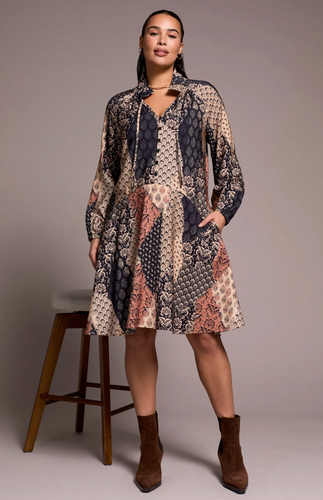 Printed Patchwork Raglan 3/4 Sleeve Notch Neck Dress