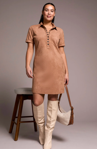Faux Suede Short-Sleeve Polo Dress w/ Pockets