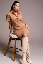 Faux Suede Short-Sleeve Polo Dress w/ Pockets