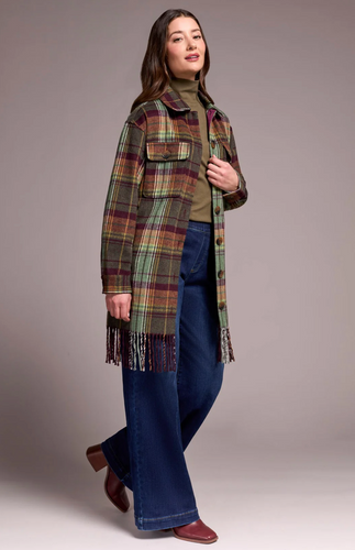 Brushed Plaid Fringe-Hem Button Front Shacket