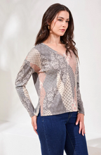 Fuzzy Soft V-Neck Combo Print Knit Top