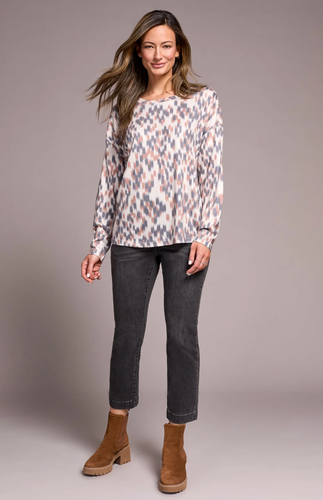 Fuzzy Soft Crew Neck Combo Print Knit Top