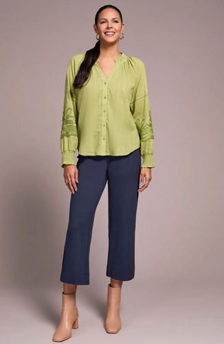 Jaquard Applique Sleeve Notch Neck Blouse