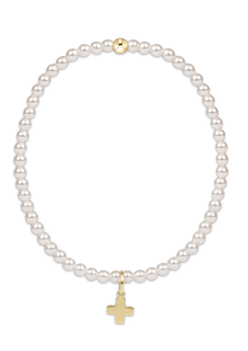 Classic Pearl 3mm Bead Bracelet - Signature Cross Gold Charm