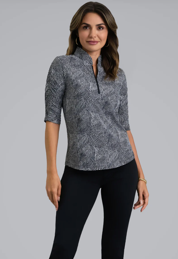 Stephanie Ruched Elbow Sleeve Mandarin Collar Top