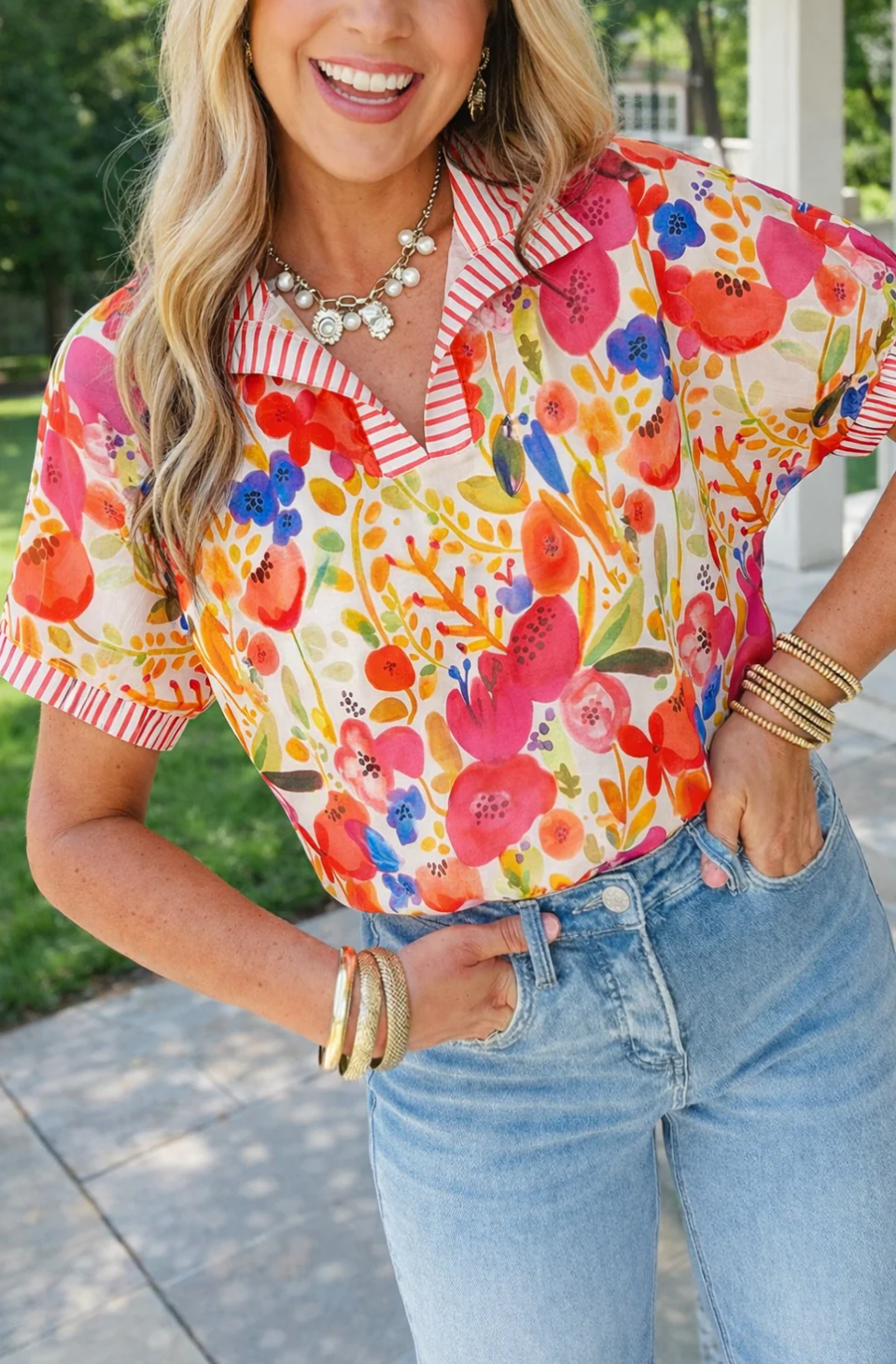 Rose Striped Trim Floral Blouse