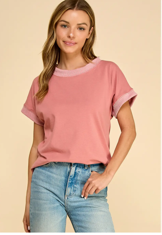 Rib Trim Top- Rose