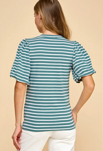 Striped Top with Ruffled Detailed Sleeves- Seafoam/White