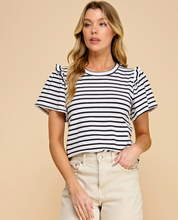 Striped Top with Ruffled Detailed Sleeves- Seafoam/White