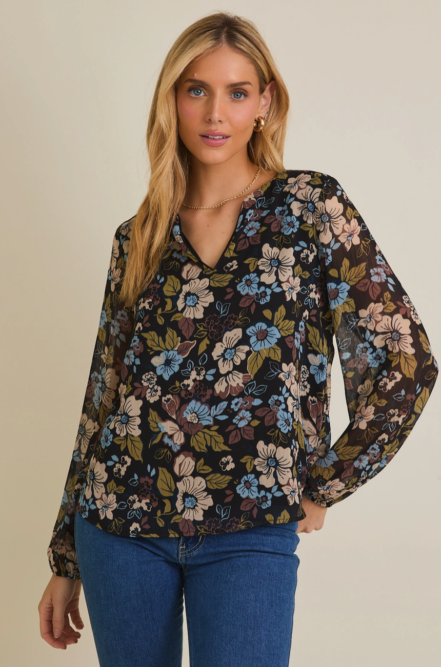 Notch Neck Long Sleeve Floral Top