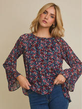 Round Neck Long Sleeve Ruffle Hem Floral Top