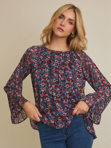 Round Neck Long Sleeve Ruffle Hem Floral Top