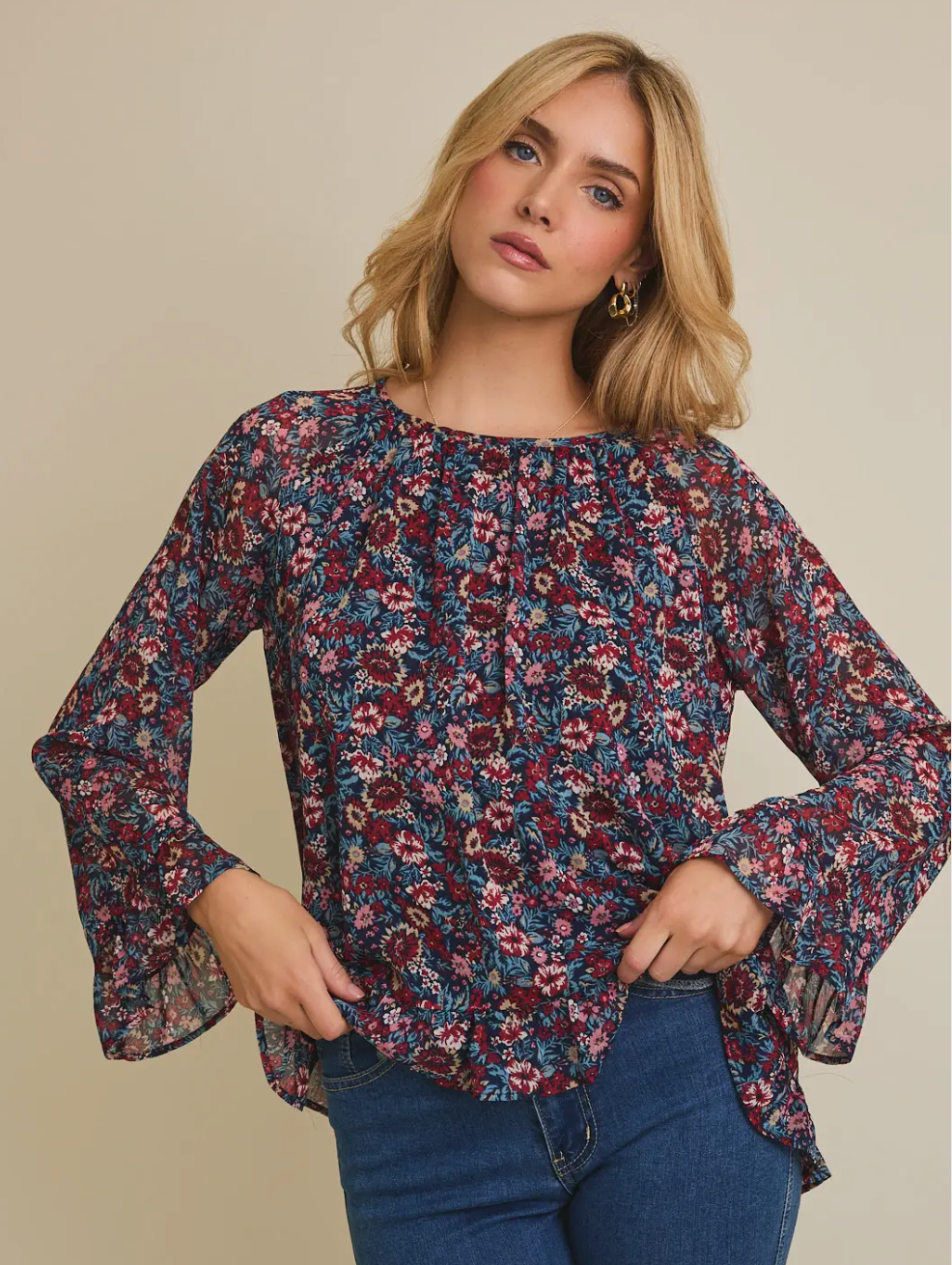 Round Neck Long Sleeve Ruffle Hem Floral Top