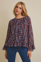 Round Neck Long Sleeve Ruffle Hem Floral Top