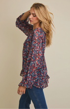 Round Neck Long Sleeve Ruffle Hem Floral Top