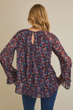 Round Neck Long Sleeve Ruffle Hem Floral Top