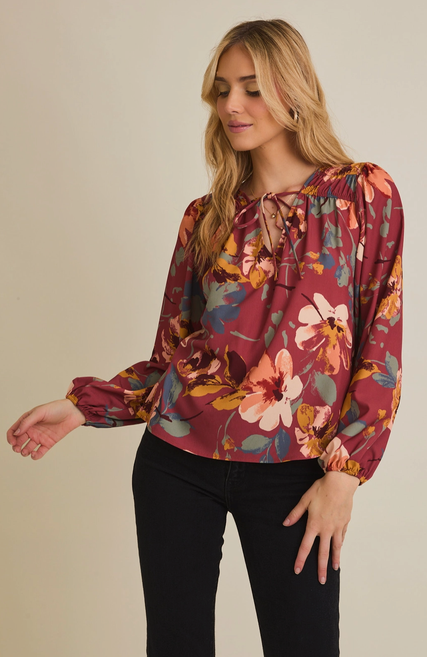 V-Neck Front Tie Long Sleeve Floral Top