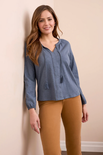 Tassel-Accent Split Neck Top