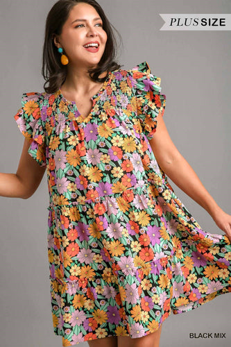 V-Notched Floral Print Dress (Plus)