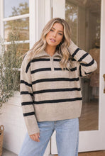 Taupe Black Horizontal Stripe Sweater Quarter Zip Neckline