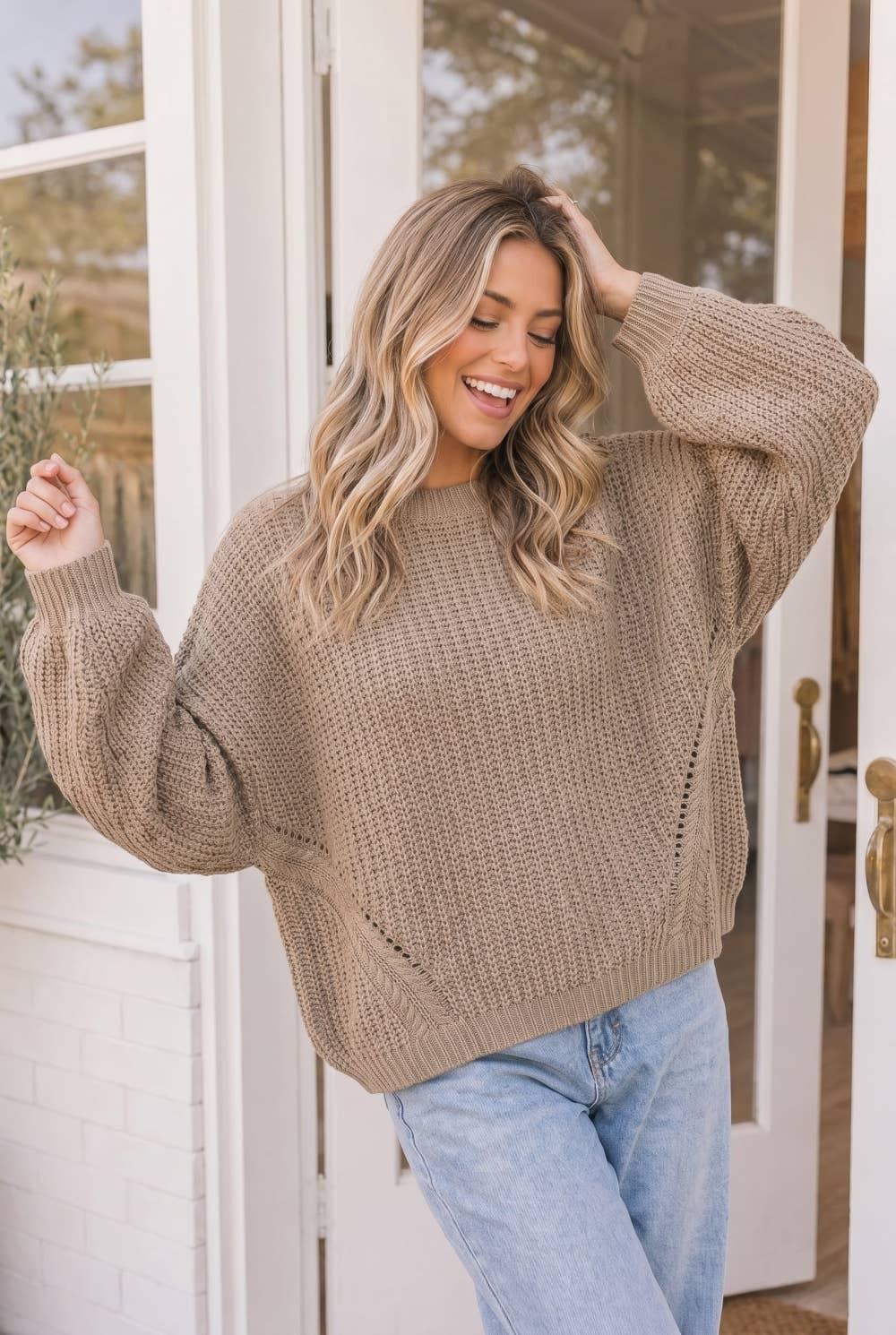 Waffle Knit Oversized Batwing Sleeve Sweater