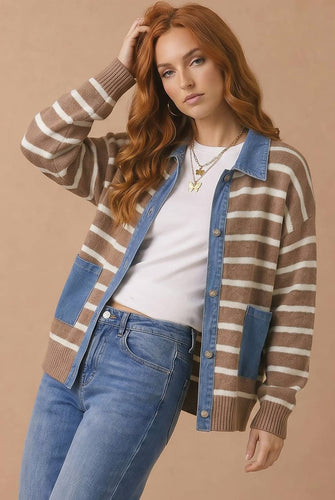 Denim Button Down Stripe Sweater Cardigan