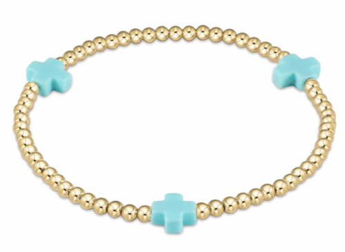 Signature Cross Gold Pattern 3mm Bead Bracelet- Turquoise